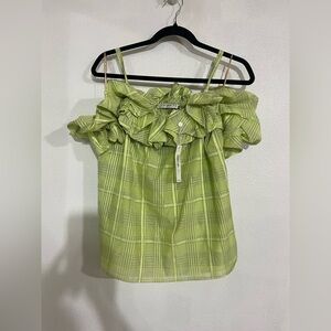 Trina Turk green plate off shoulder top NWT size S summer resort, black striped